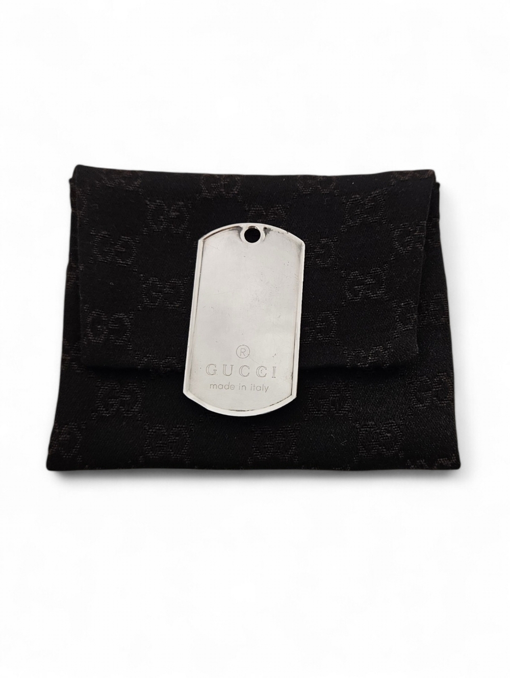 Gucci Dog Tag Pendant Charm In Sterling Silver With Pouch